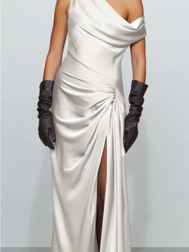 Off-White One-Shoulder Draped Evening Gown With Side Ruched Slit